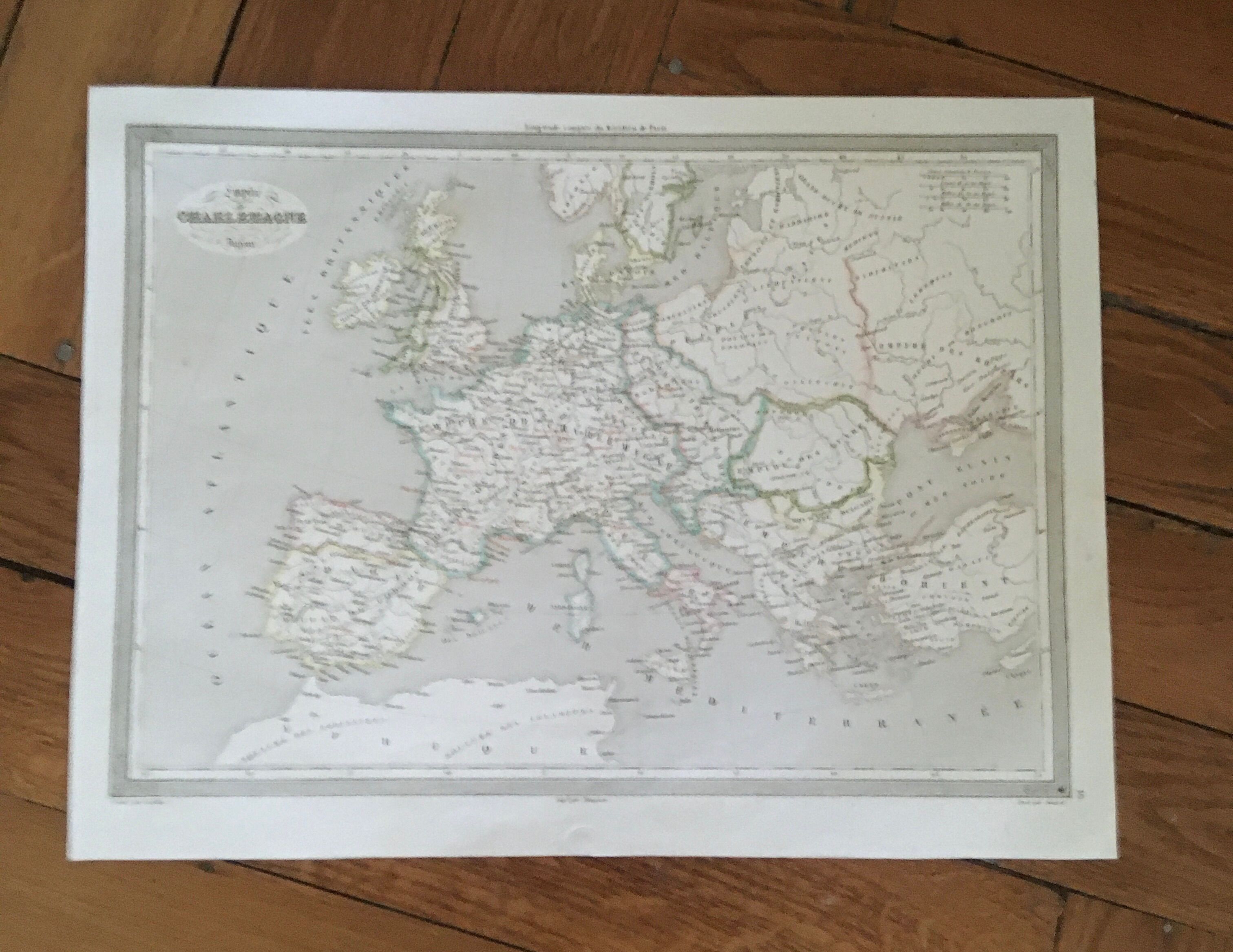 Carte géographique 19ème numérotée Empire de Charlemagne