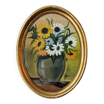 Still life acrylic on panel in a gilded oval frame