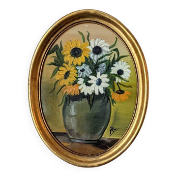 Still life acrylic on panel in a gilded oval frame