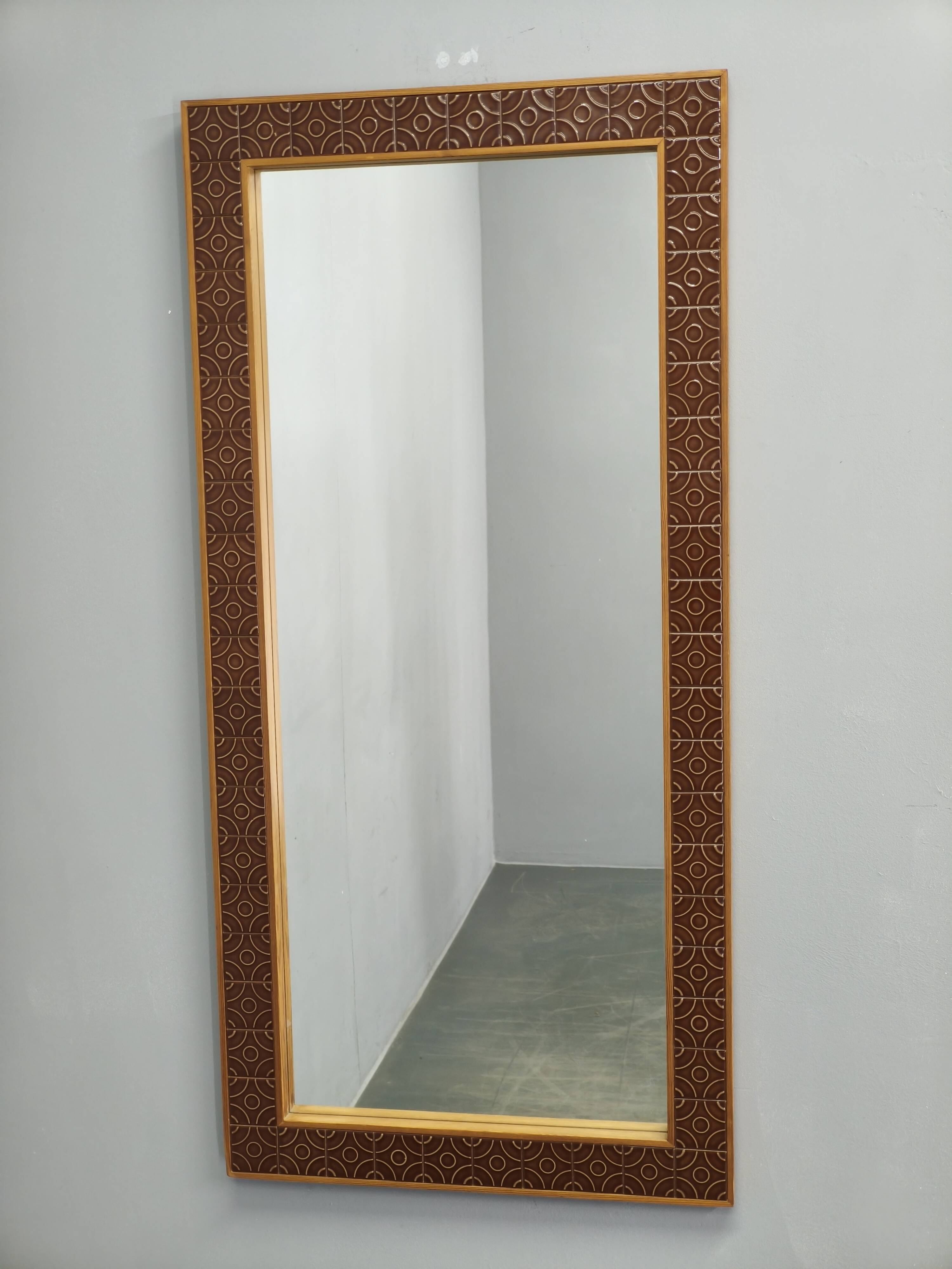 Danish Pine and Ceramic Tile Wall Mirror, 1960s