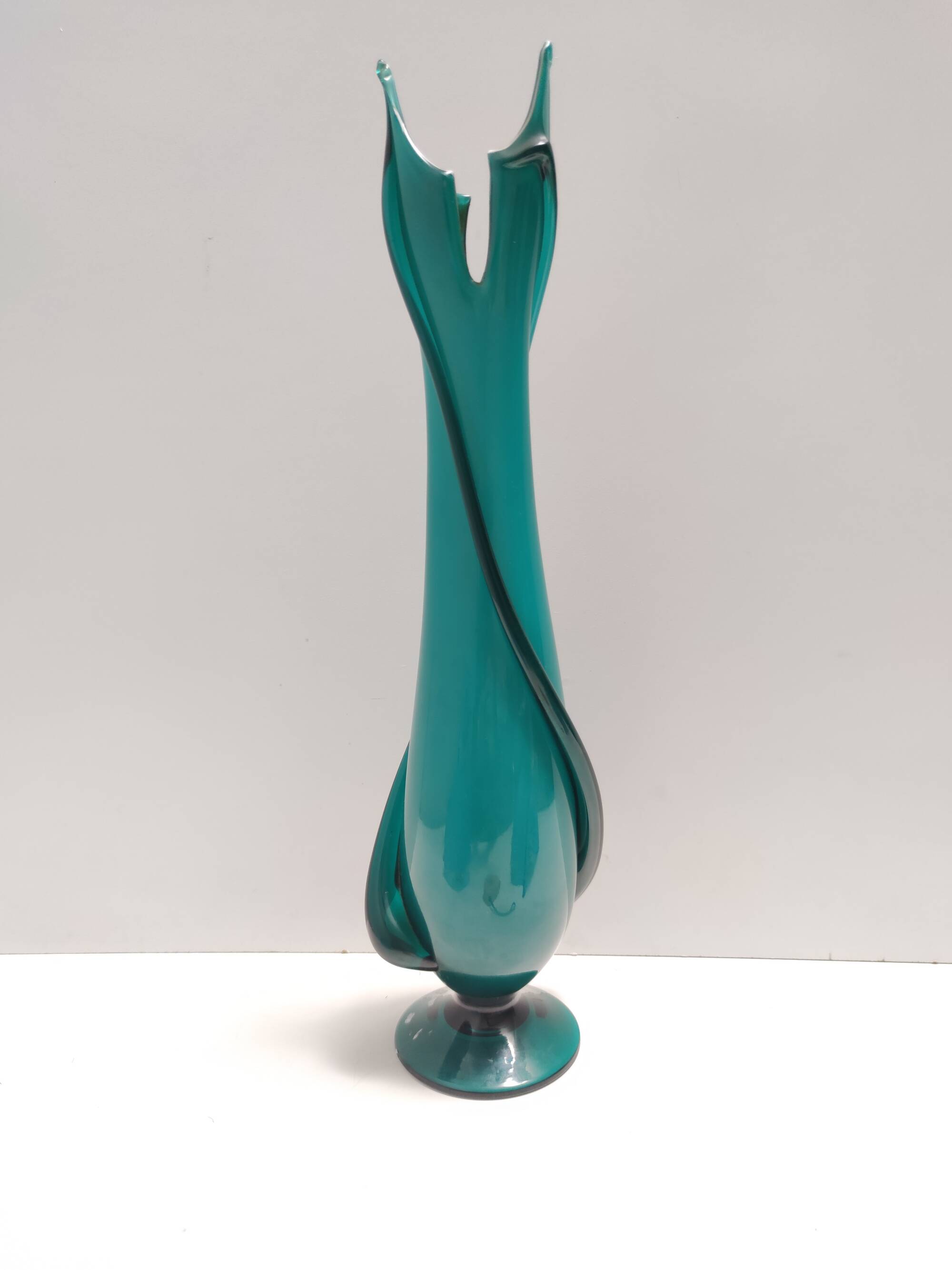 Teal Encased and Hand-Blown Murano Glass Flower Vase, Italy
