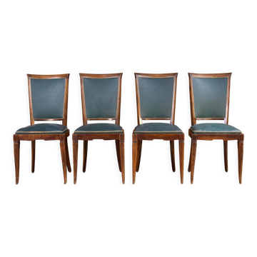 Art Deco set of four Jaguar green wooden and leatherette chairs, circa 1950