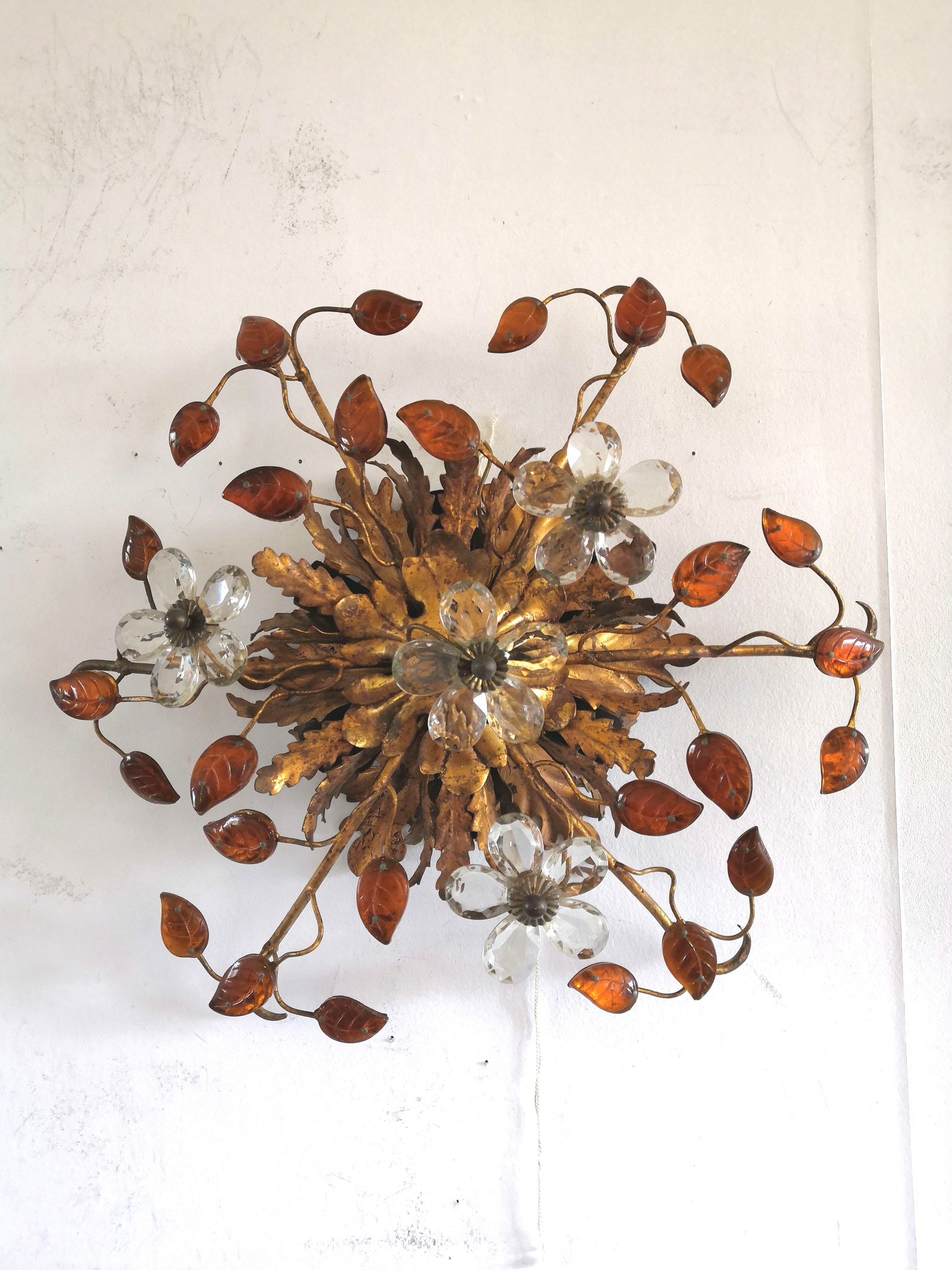 Italian ceiling lamp of Florence House Banci gilded and murano glasses design 70s