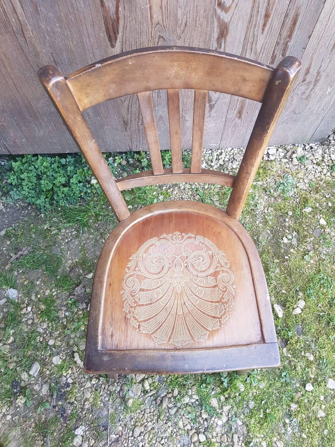 Old wooden bistro chair seat vintage relief drawing