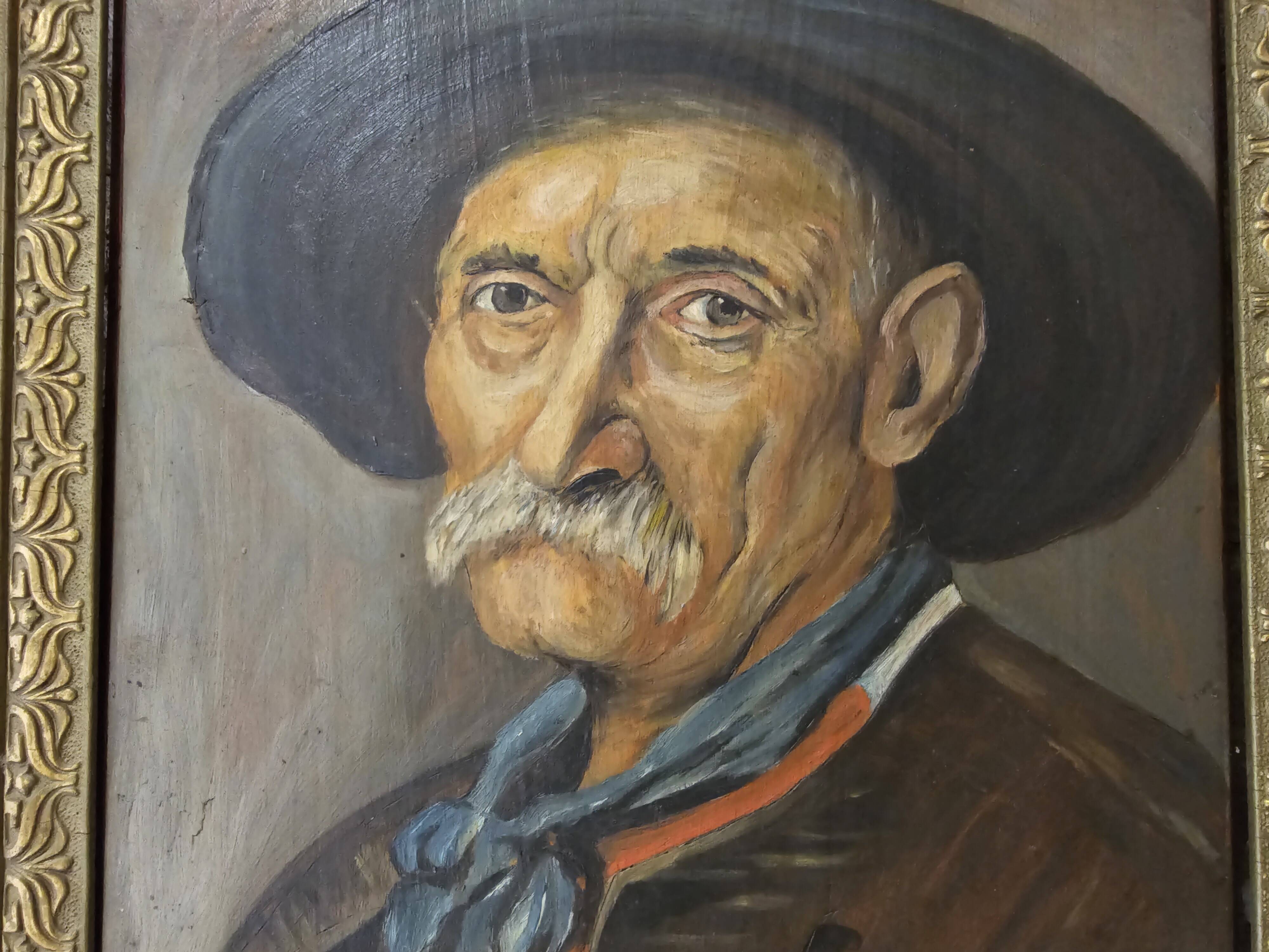 Oil painting on panel, The Mustachioed Man in a Hat, Signed E. Marchal