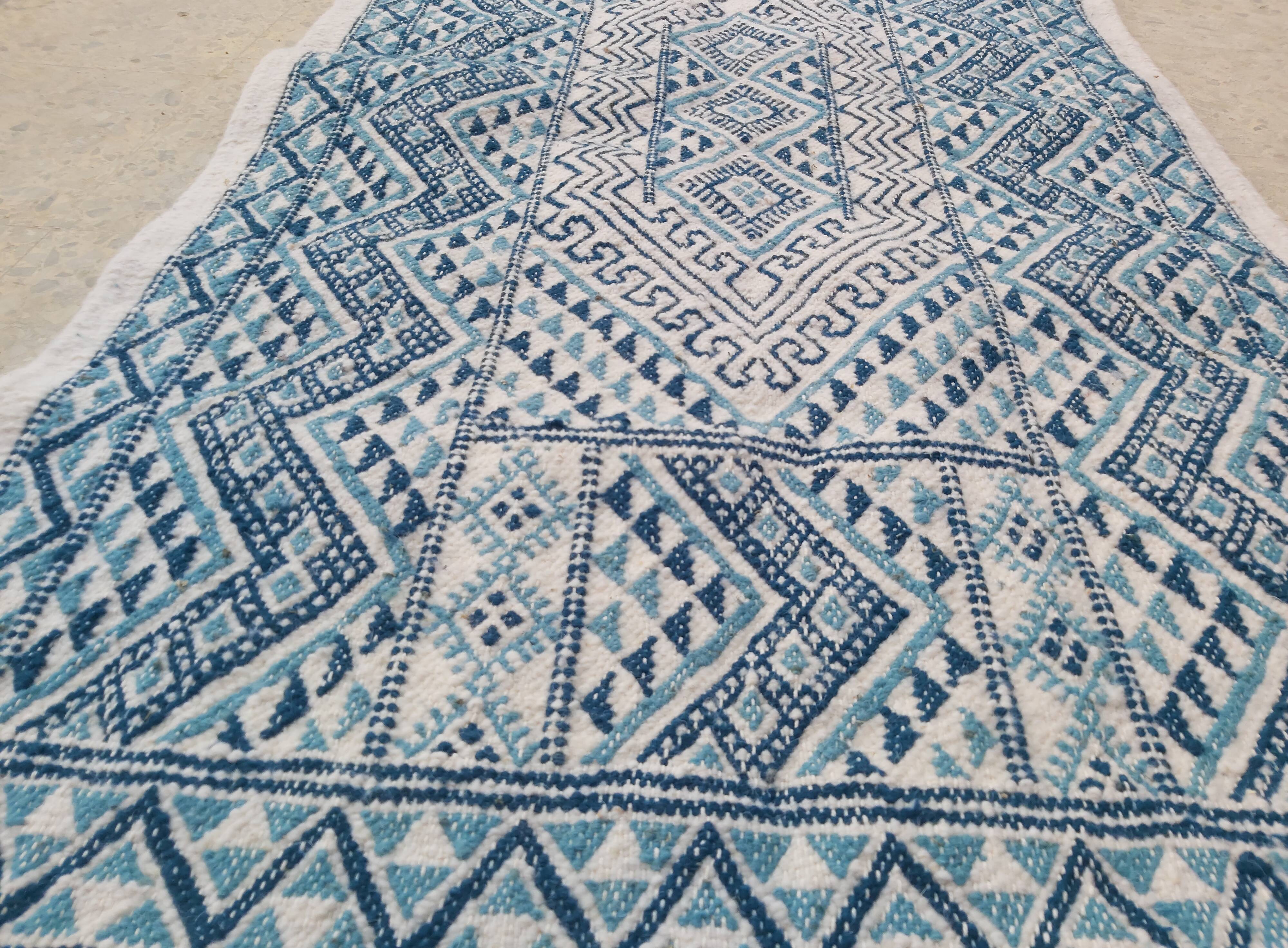 Traditional handmade white and blue margoum rug