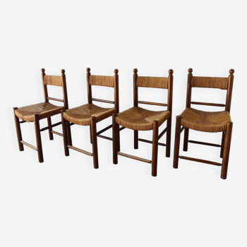 Série de 4 chaises vintage en paille et bois, 1960