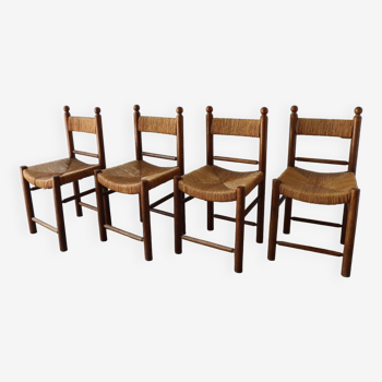 Series of 4 vintage straw and wood chairs, 1960