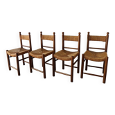 Série de 4 chaises vintage en paille et bois, 1960