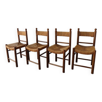 Series of 4 vintage straw and wood chairs, 1960