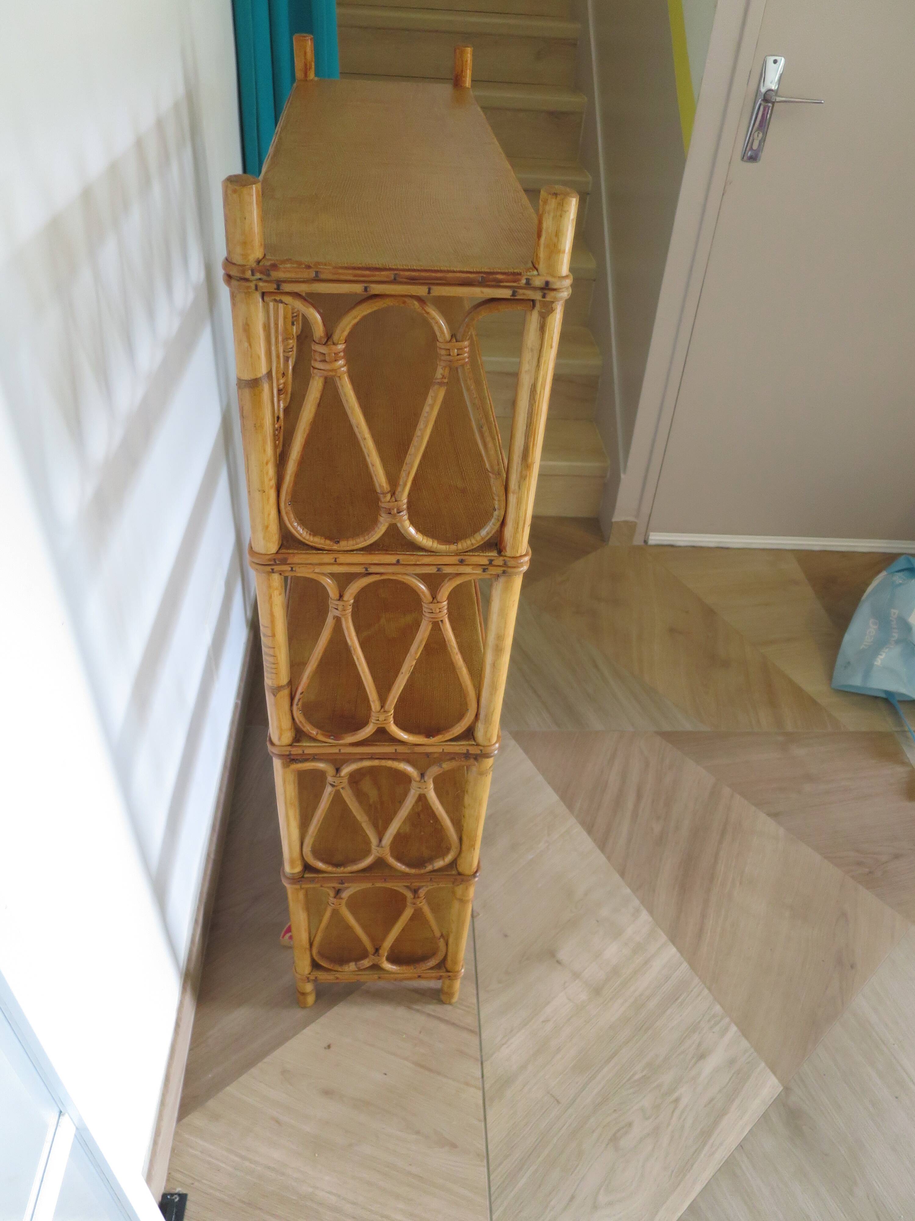 Wooden and rattan bookcase, 1970s-1980s