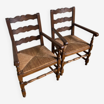 Duo of oak straw armchairs