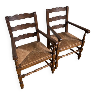 Duo of oak straw armchairs