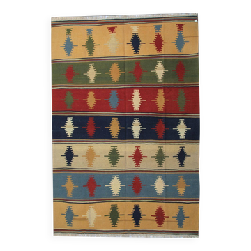 Tapis Kilim en laine rayé Qashqai vintage, grand tapis à tissage plat multicolore