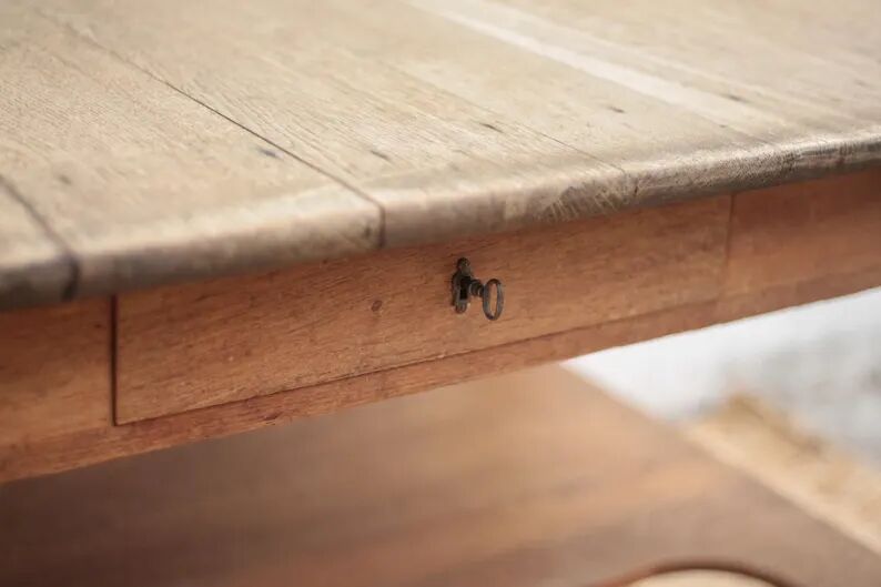 Antique oak kitchen table, office or work table, wooden furniture, decor, 19th century.