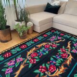 Vintage Romanian wool carpet floral design on black background 235x150cm