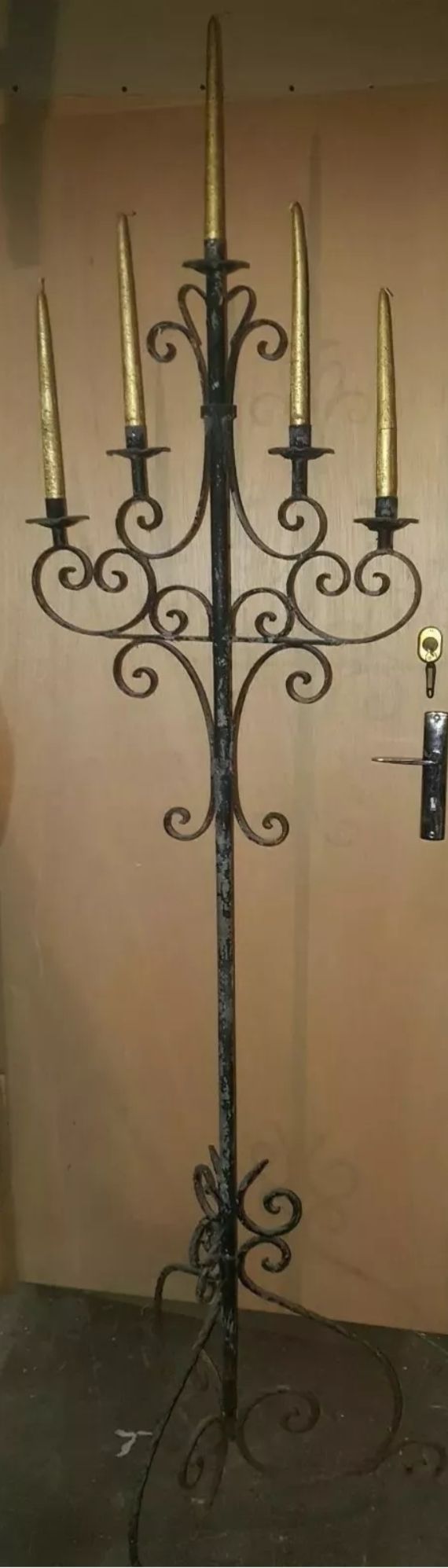 Old church floor lamp chandelier 5 fires torcher wrought iron early 20th century