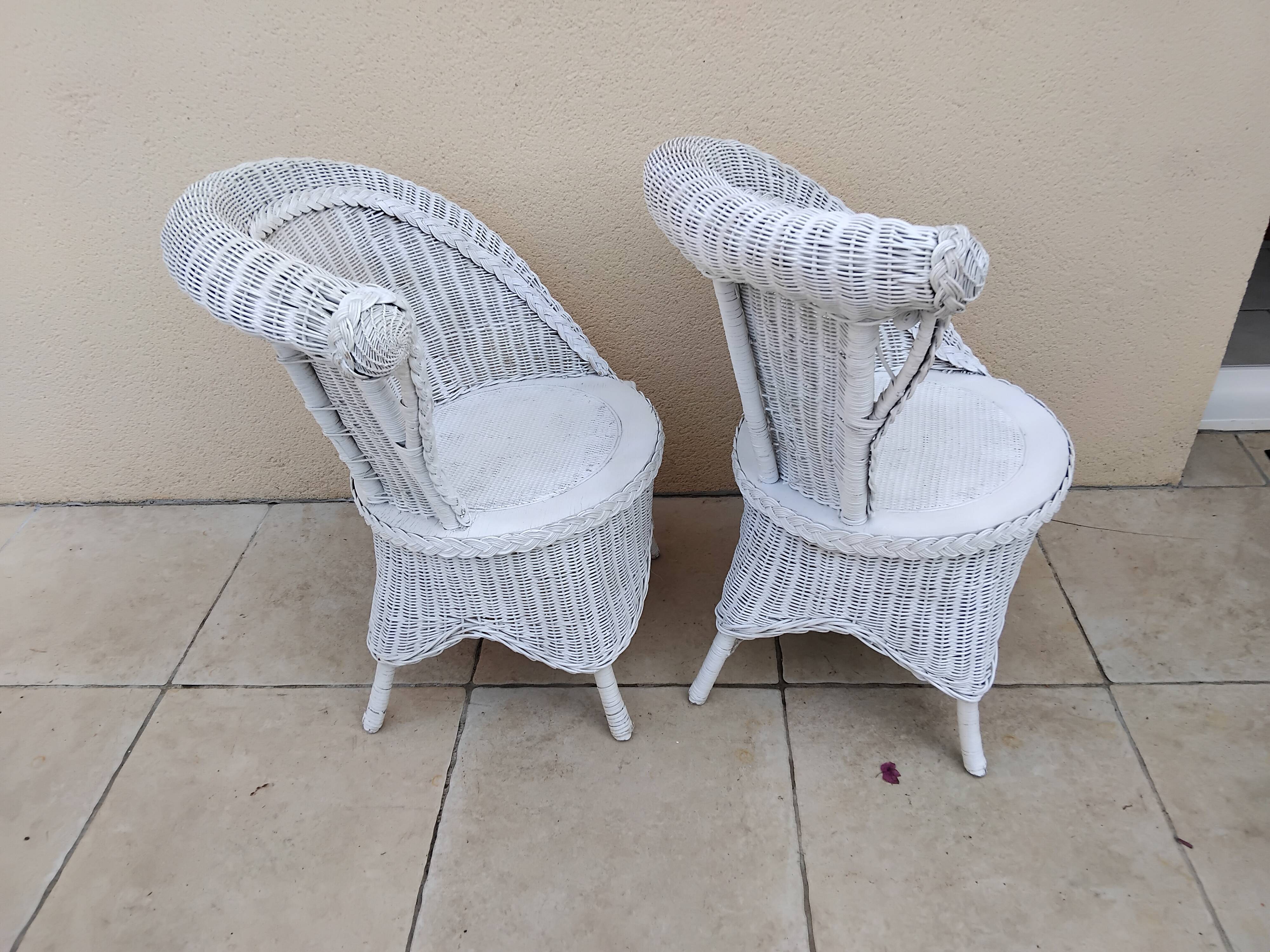 Pair of vintage art deco white rattan wicker armchairs