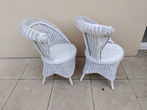 Paire de fauteuil en osier rotin blanc art deco vintage