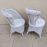 Pair of vintage art deco white rattan wicker armchairs