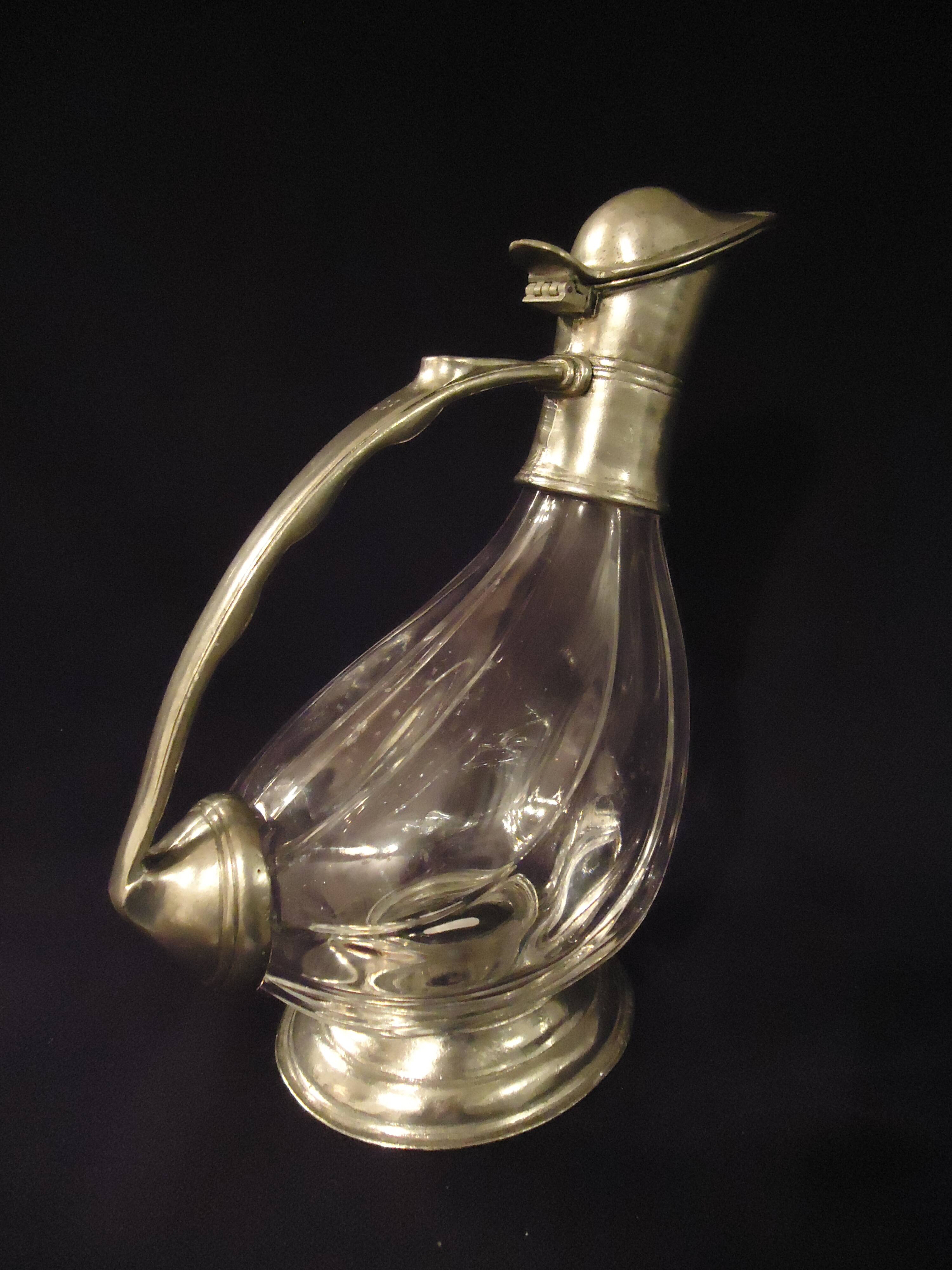 Wine carafe, duck design, glass and metal A553