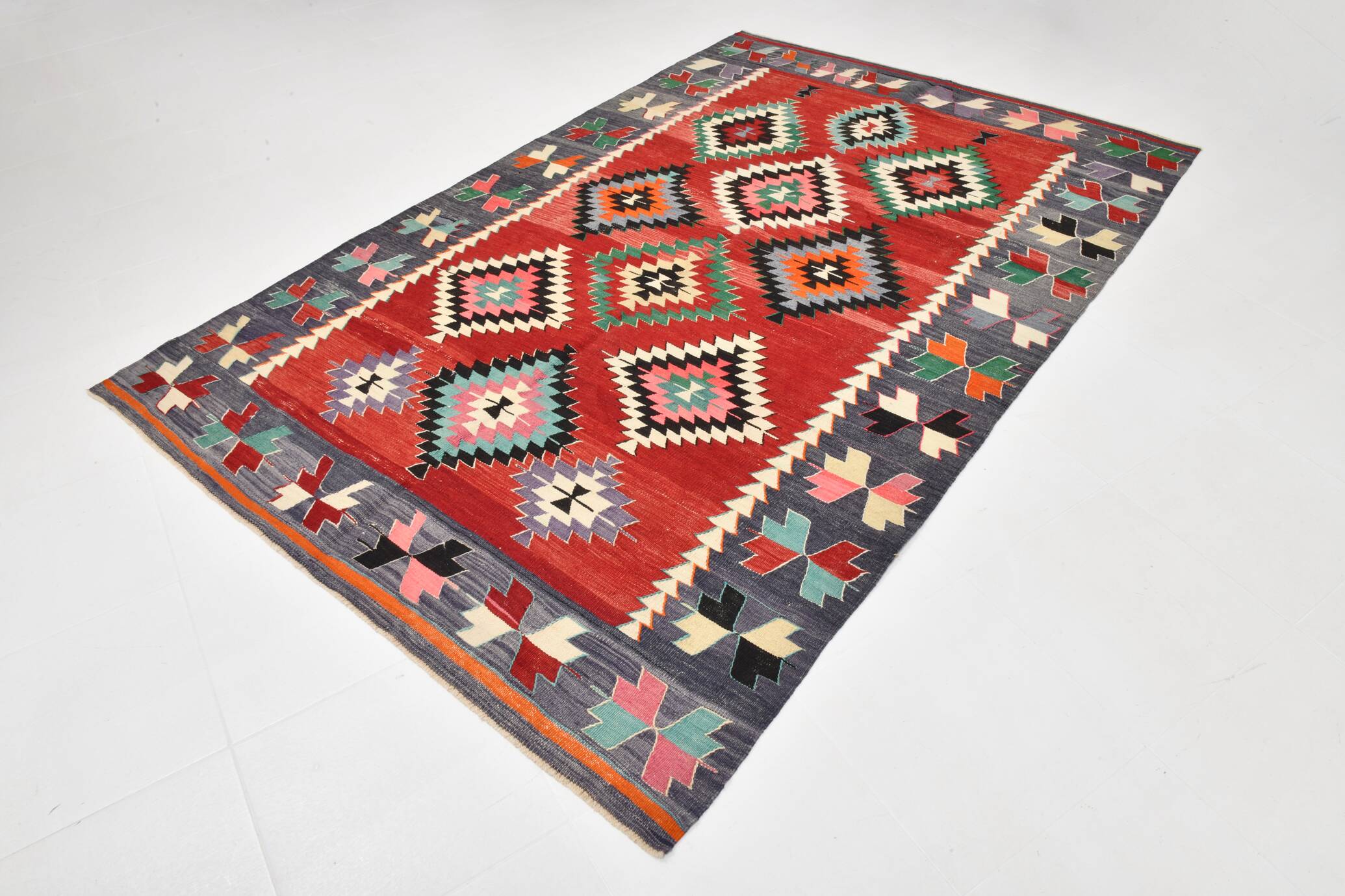 6x9 Red & Grey Orientel Large Kilim Rug, Vintage Wool Kilim Rug, 170x267Cm