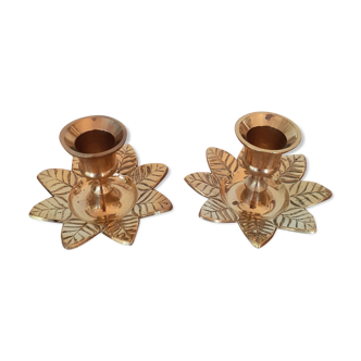 Pair of brass flower candle holders
