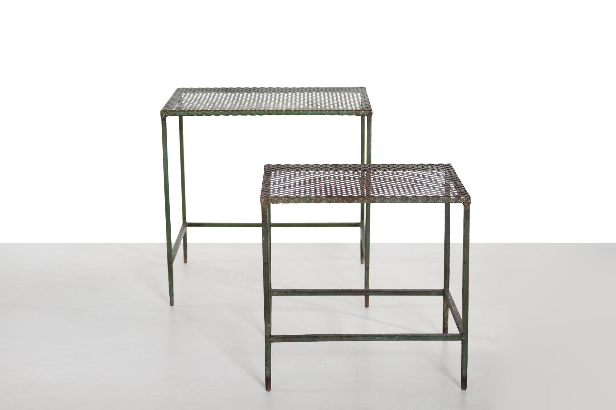 Set of two green Mathieu Matégot side tables, 1950s