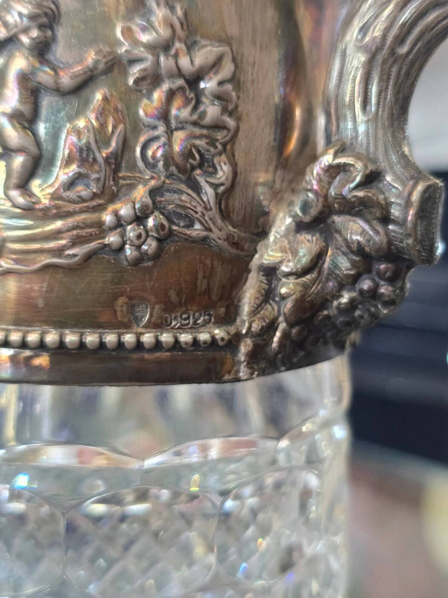 Important cut crystal wine carafe and solid silver 925/1000, Topázio house.