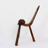 Primitive French Wooden Carved Tripod Chair, Wabi Sabi Style, Early 20th Century