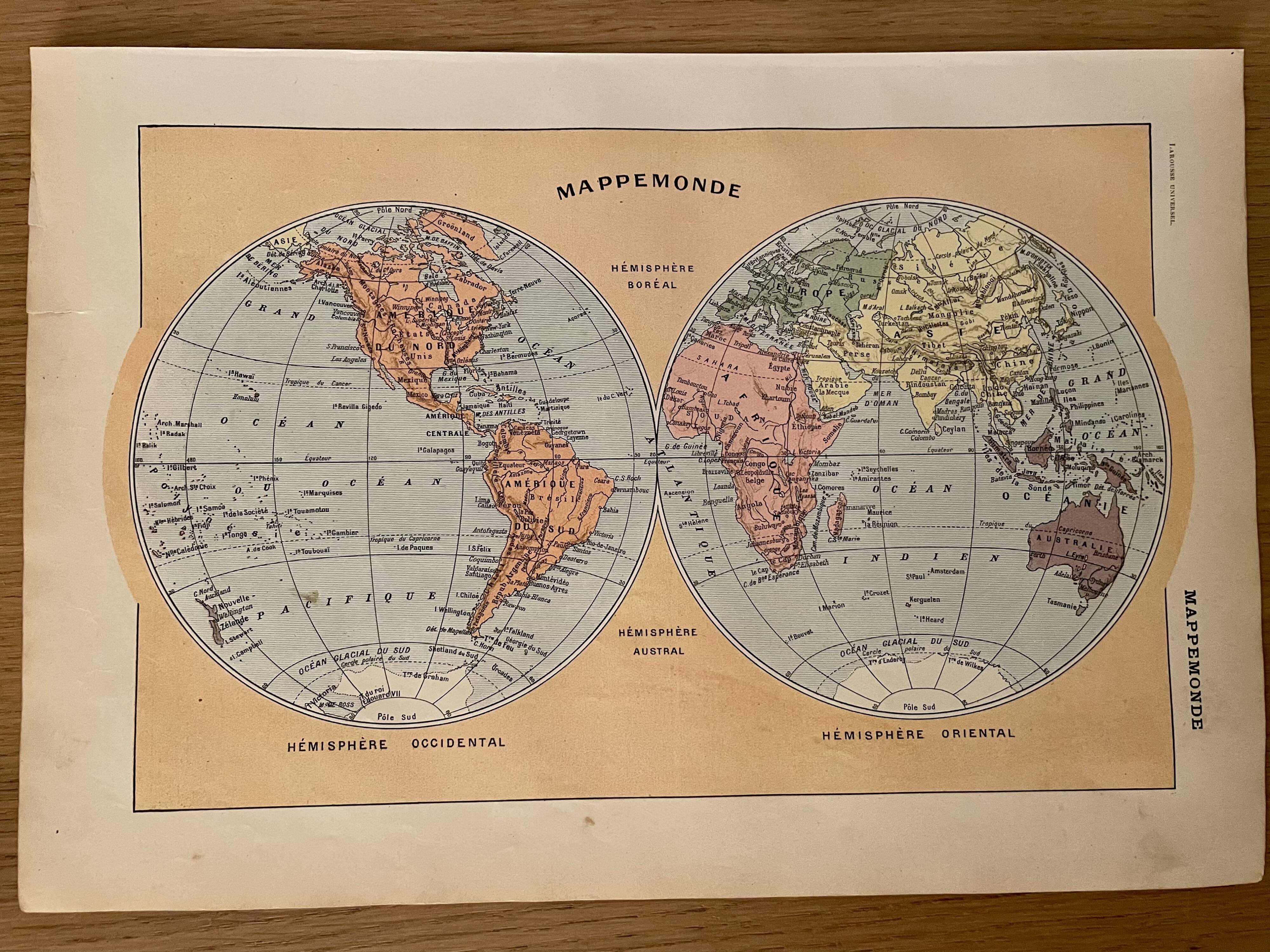 Lithograph engraving world map of 1922