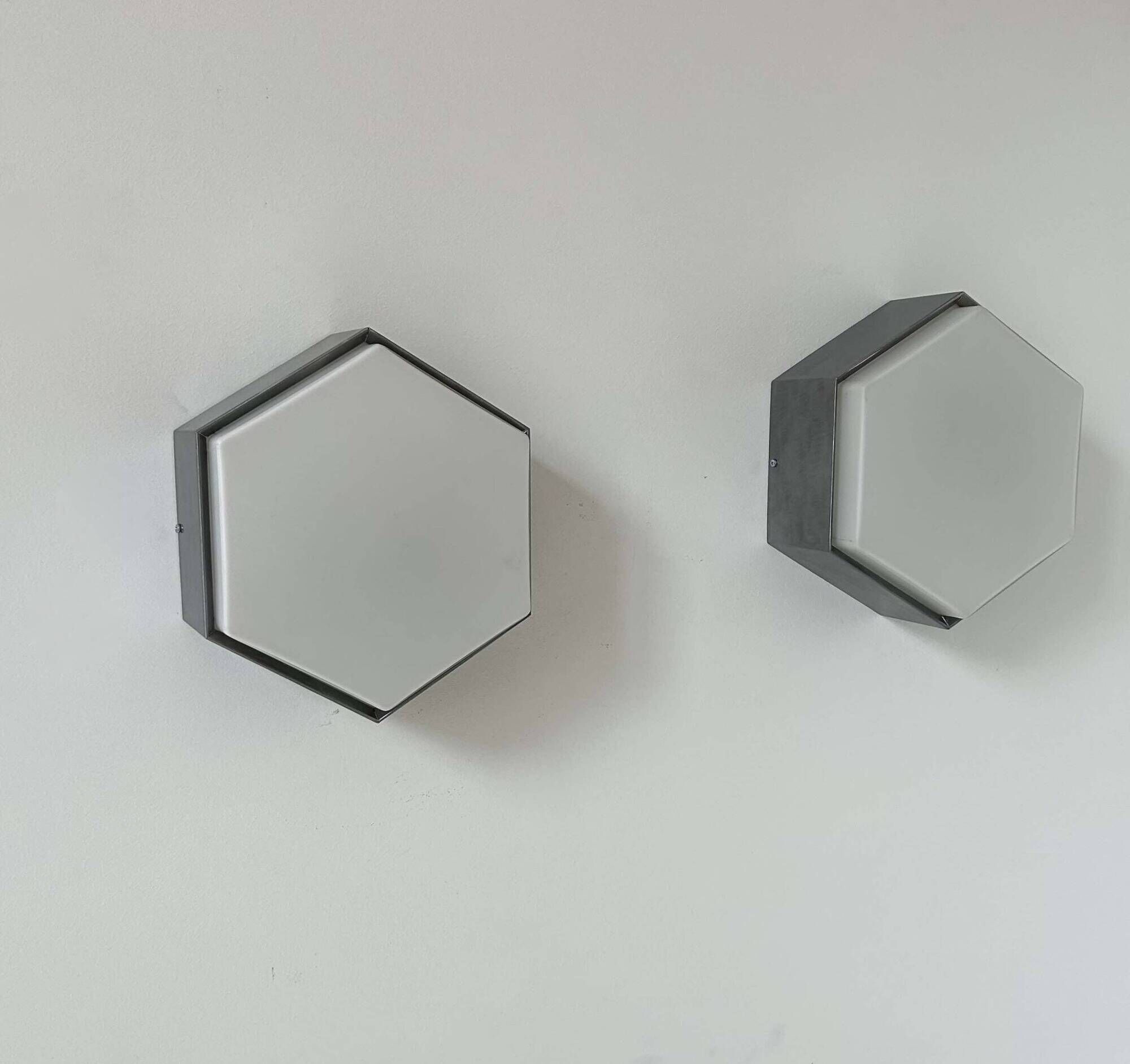 Pair of vintage opaline and metal wall lights, Raak Holland 1970