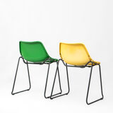 Set of 4 stackable iron chairs in green and yellow, 1970's