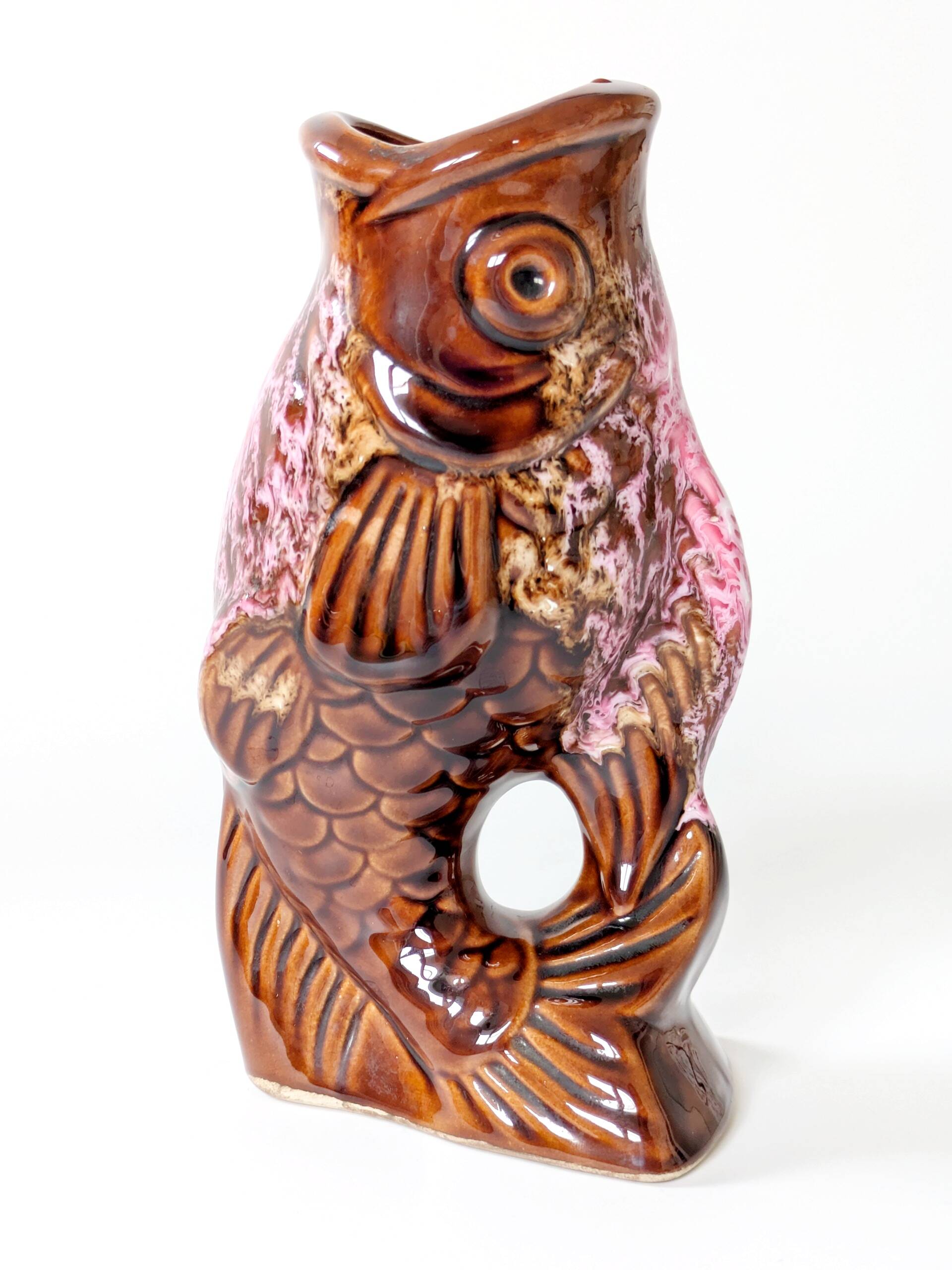 Vallauris fish pitcher vase from the 60s, amber and pink