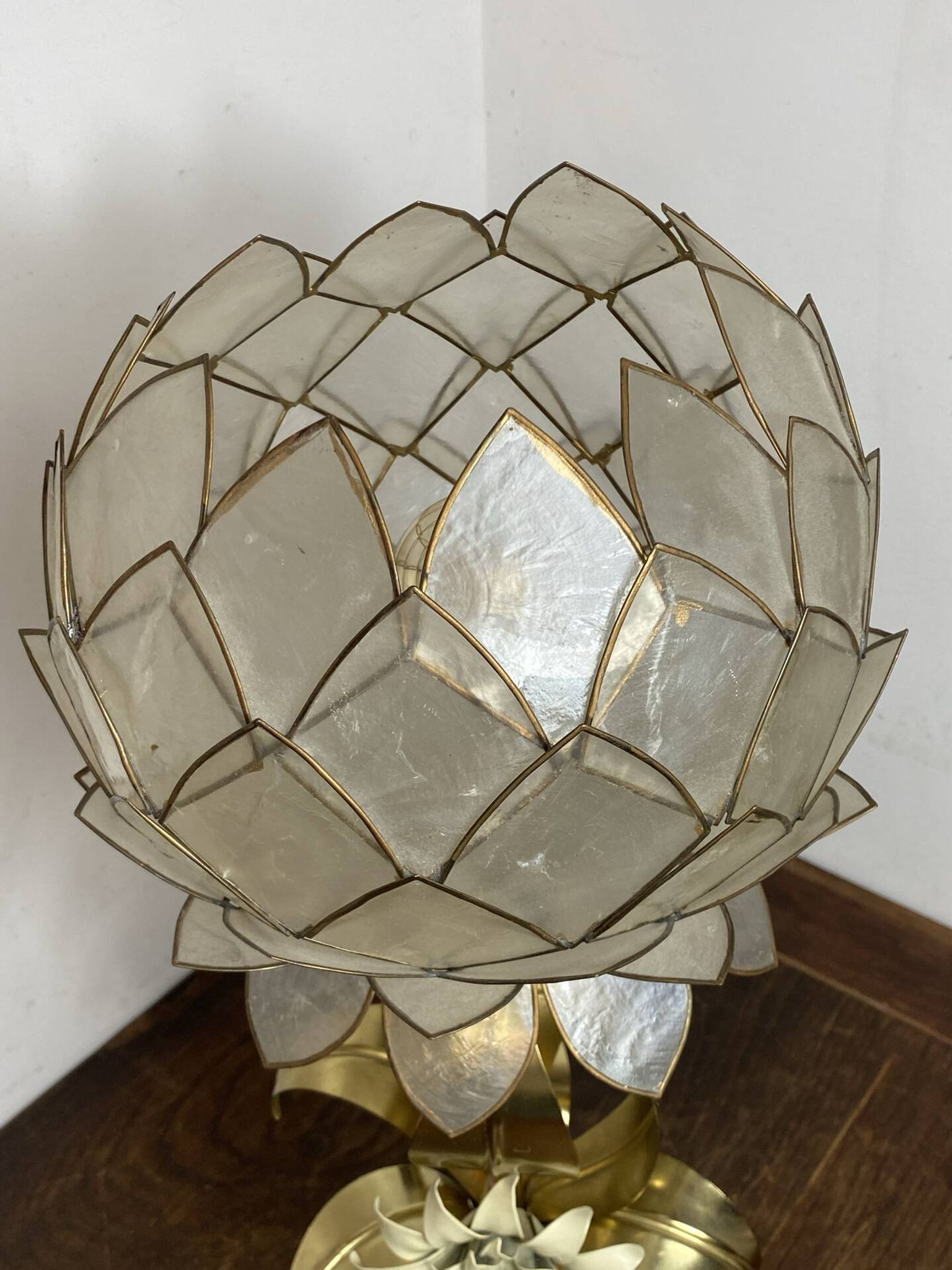 Brass lamp, metal and mother-of-pearl