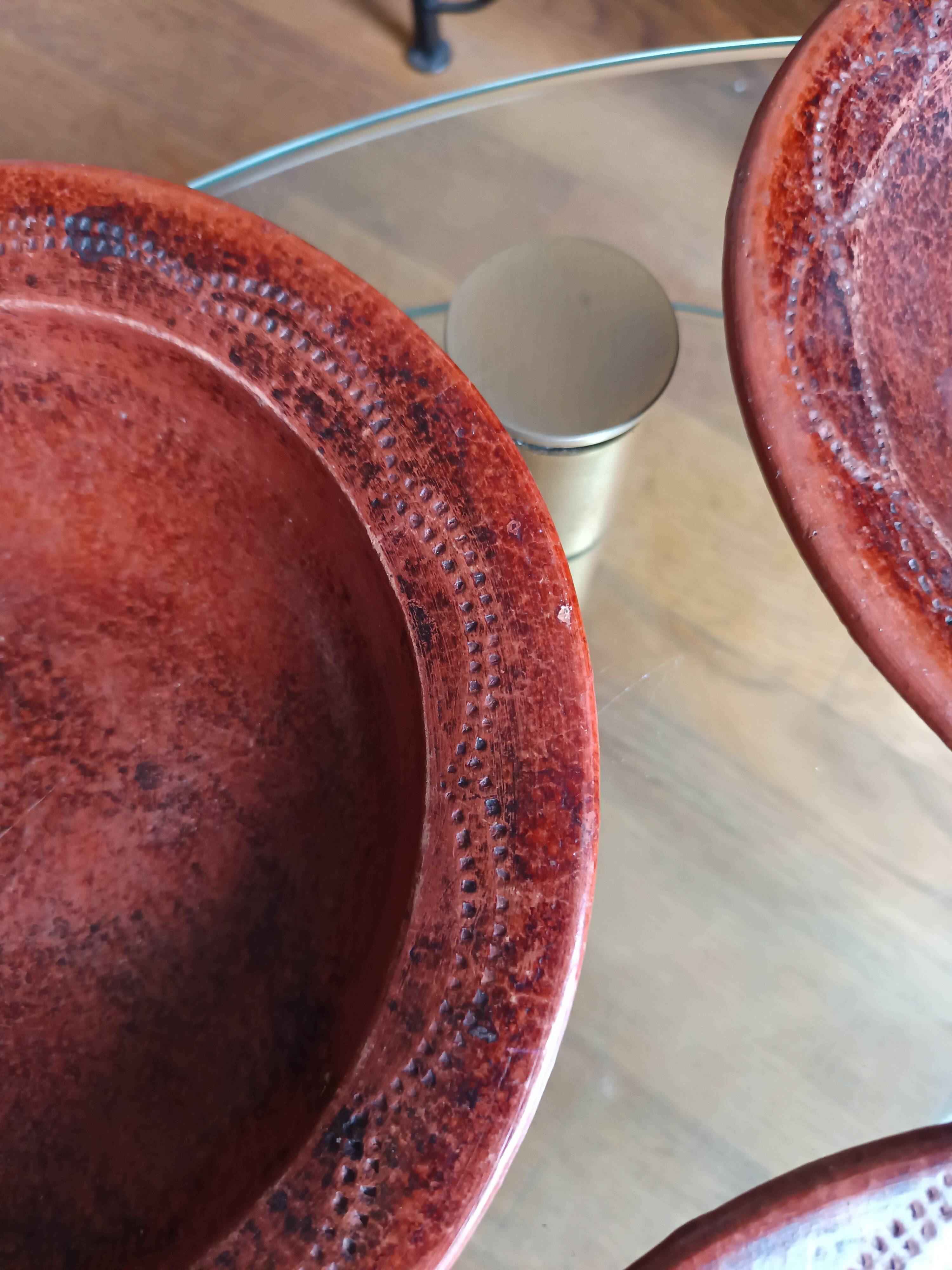6 antique hand-turned glazed terracotta plates