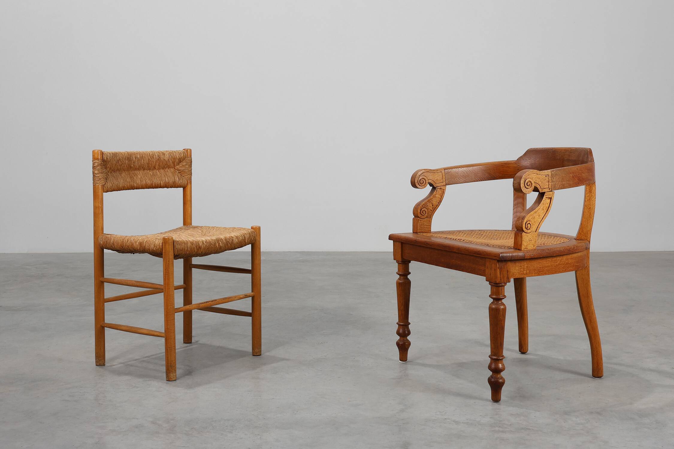 French Neoclassical Oak Chair with Wicker Seat, Late 19th Century