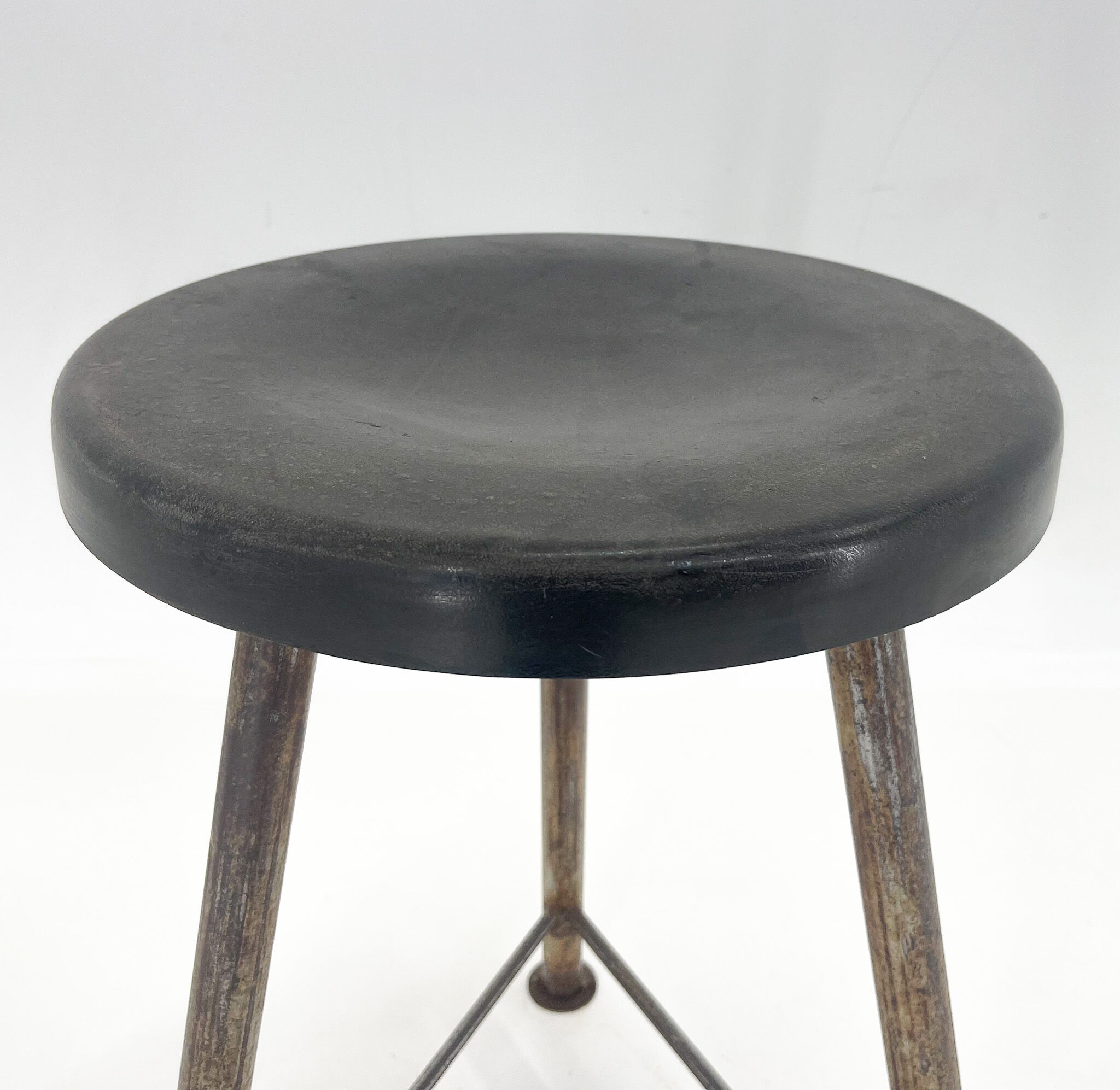 Vintage Industrial Iron Tripod Stool with Original Plastic Seat, 1950's