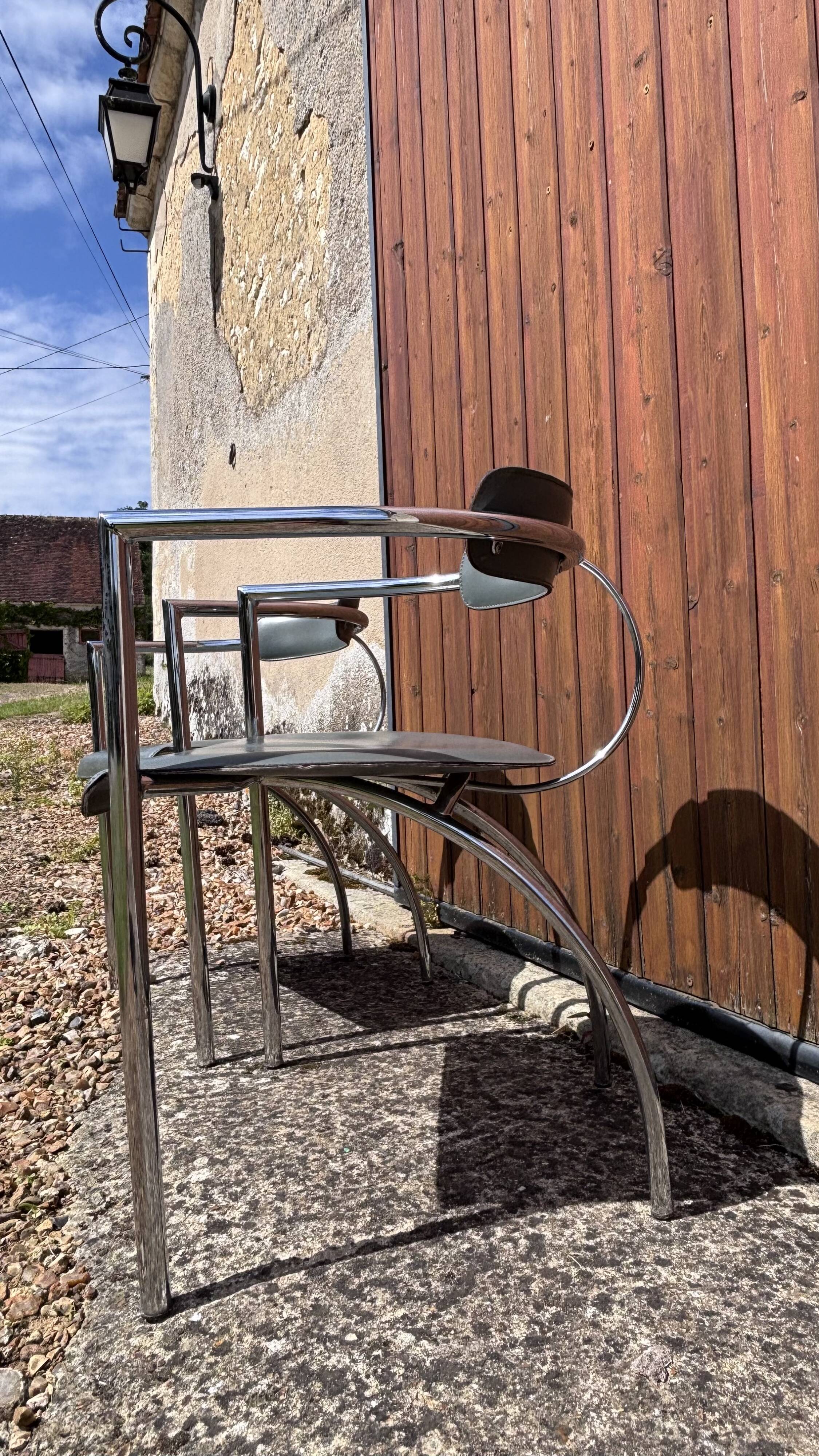Pair of vintage chrome & grey faux leather armchairs – 1970s design