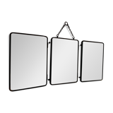 Vintage 1930s barber's triptych mirror, crystal, faux leather, gold - 25 x 59 cm