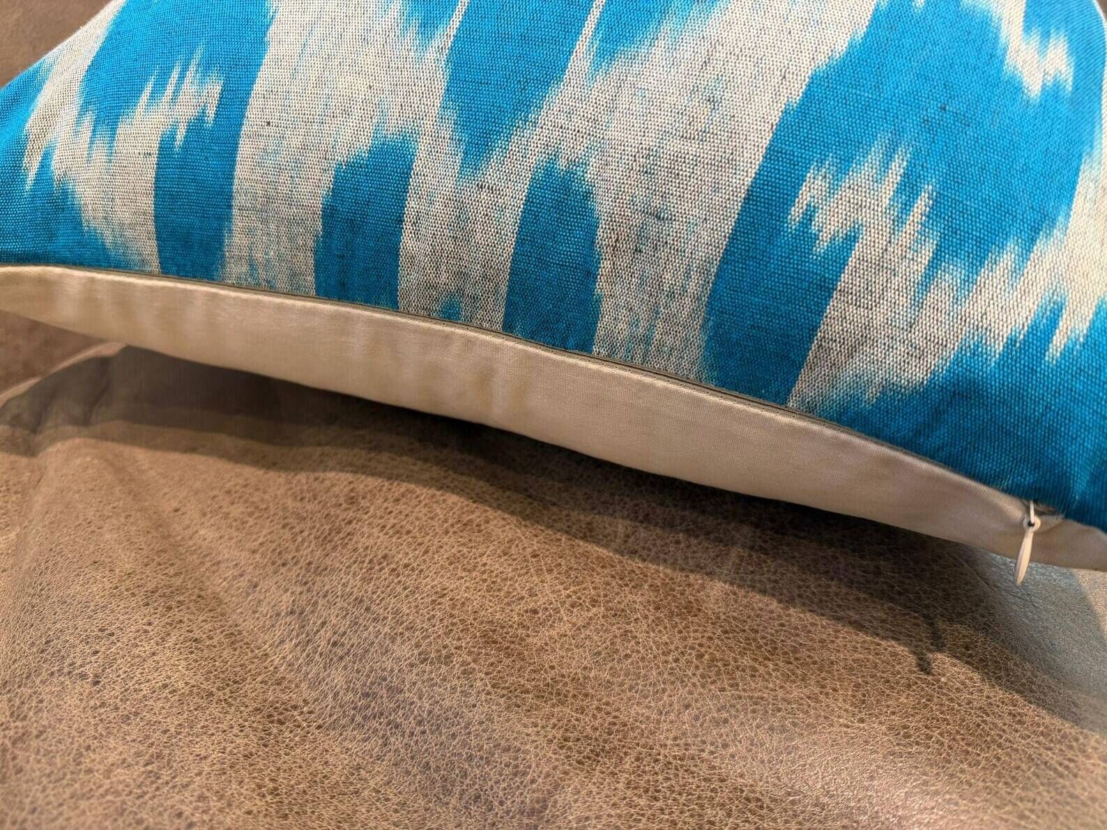 Vintage Silk Ikat Square Cushion Cover, Sky Blue White Arch Medallion 16x16