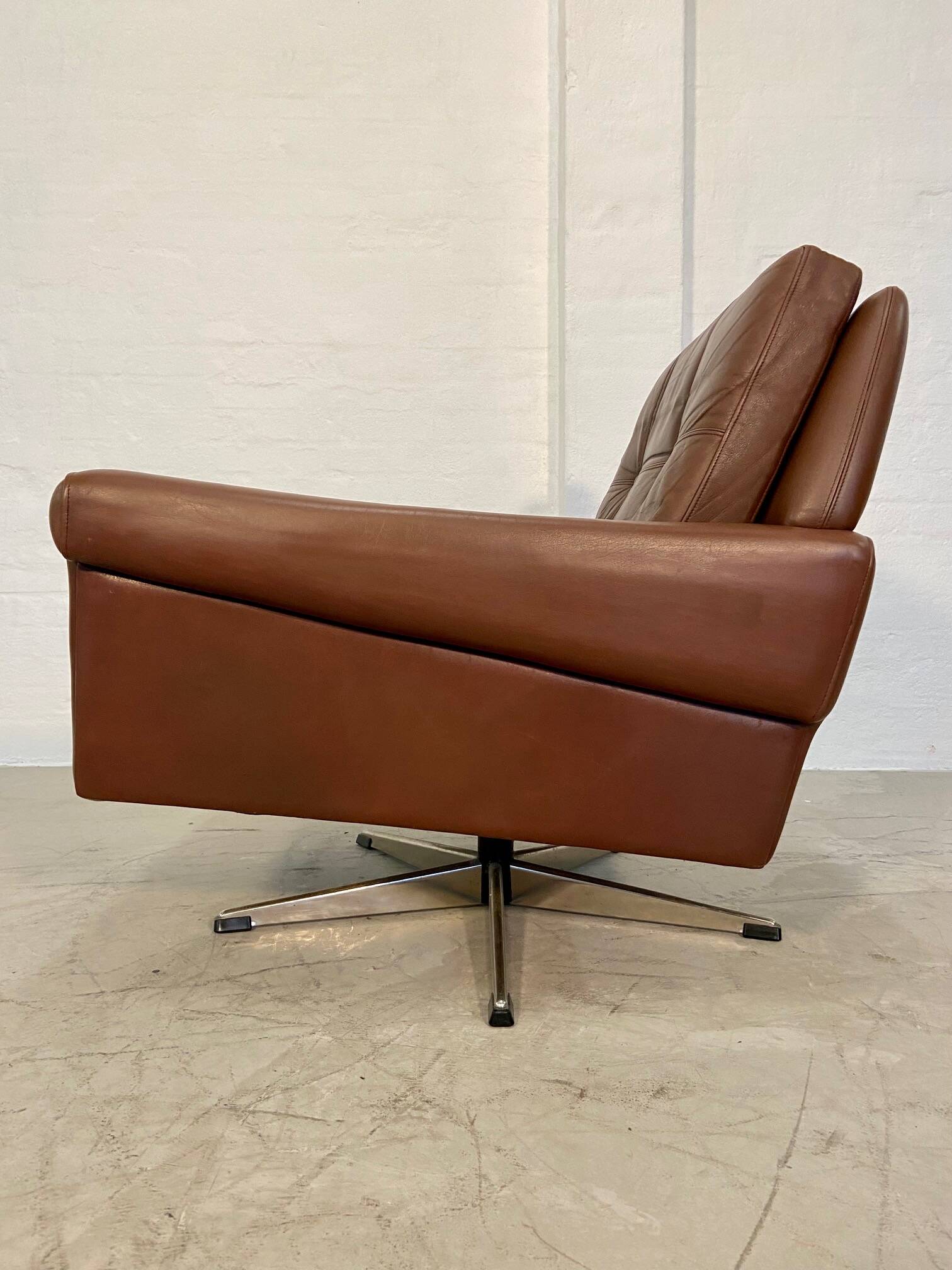 Vintage danish retro mid-century svend skipper brown leather chair & stool 60s