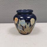 Small delicious blue ceramic vase with floral decoration. Sweden 1970s