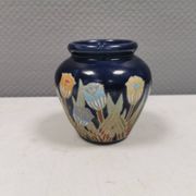 Small delicious blue ceramic vase with floral decoration. Sweden 1970s