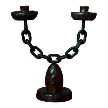 Chandelier double brutaliste bois sculpté et fer forgé années 1960