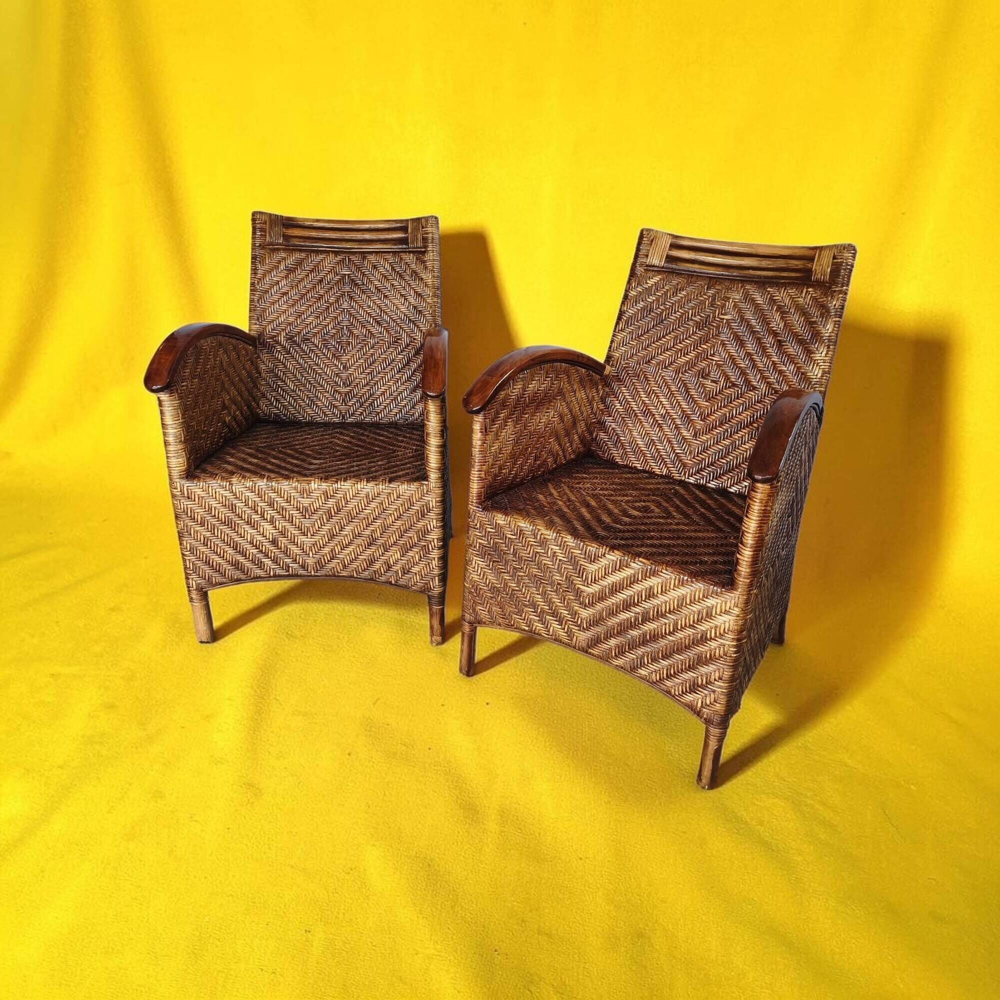 Pair of woven rattan and varnished wood armchairs - Vintage