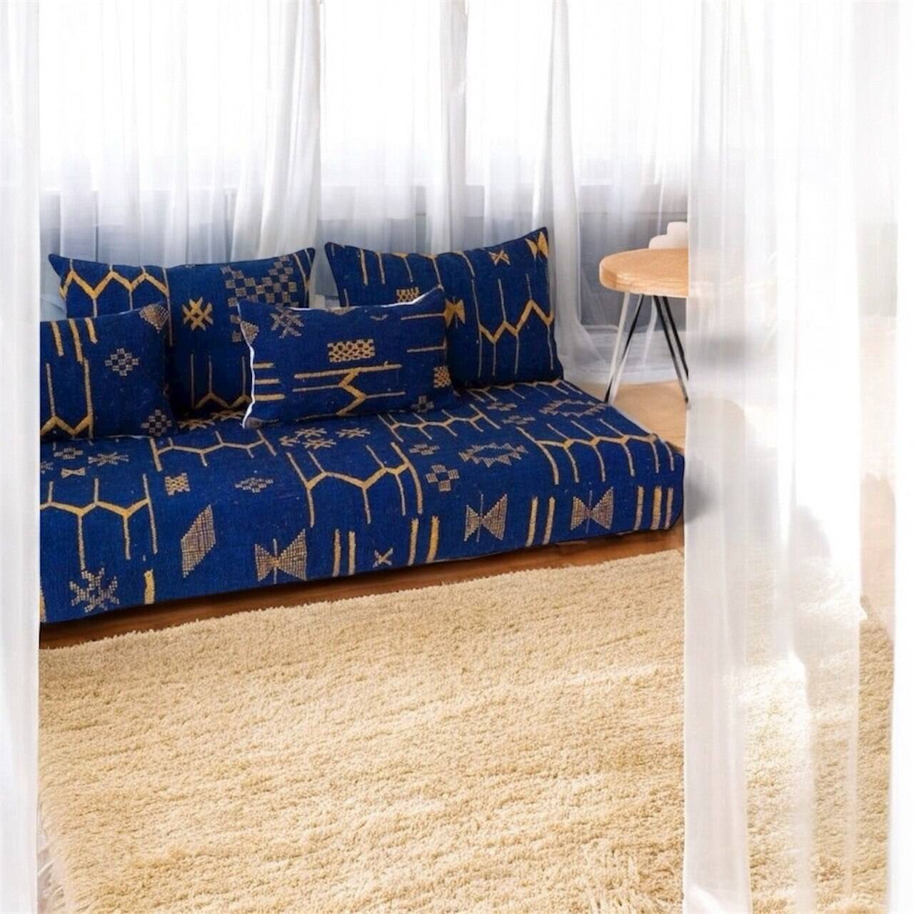 Handmade Moroccan Floor Sofa – Blue Hnibel with Golden Khormaz Patterns