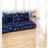 Handmade Moroccan Floor Sofa – Blue Hnibel with Golden Khormaz Patterns