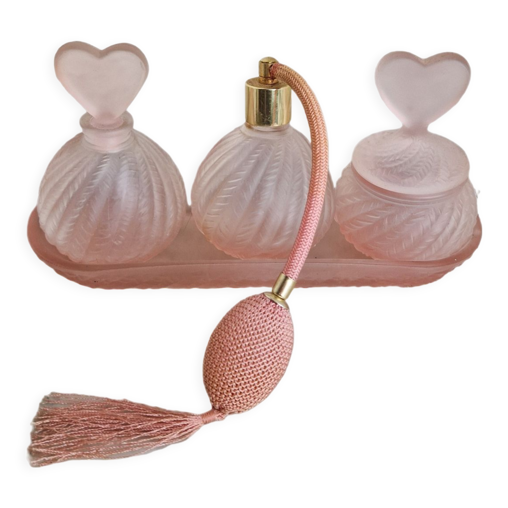 Vintage Pink Frosted Glass Bathroom Set Romantic Heart Decor