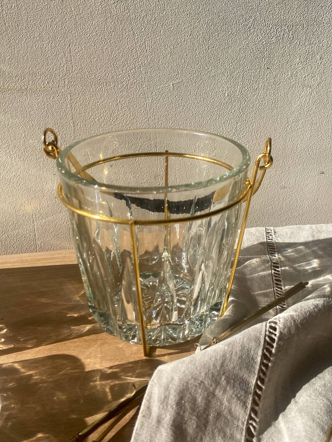 Vintage glass and gold metal ice bucket